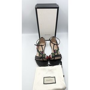 Gucci‎ Ophelia Floral Embroidered T Strap Sandals in Black 41 Sz US 9.5